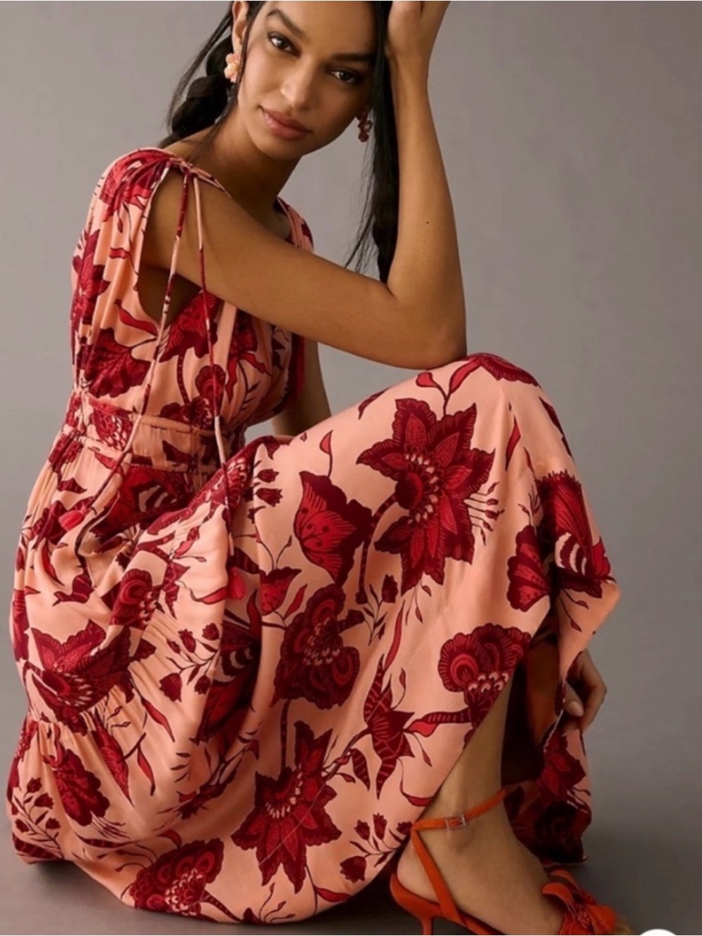 OMIKA Rosalita Tiered Maxi Dress Mara Pink Red Floral Print Sleeveless Viscose